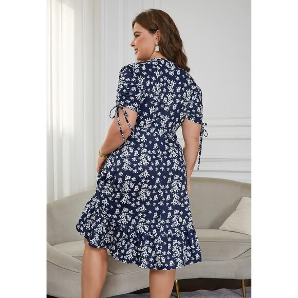 Plus Size Summer Wedding Guest Dress Boho Floral V Neck Pockets A Line - Picture 4 of 7